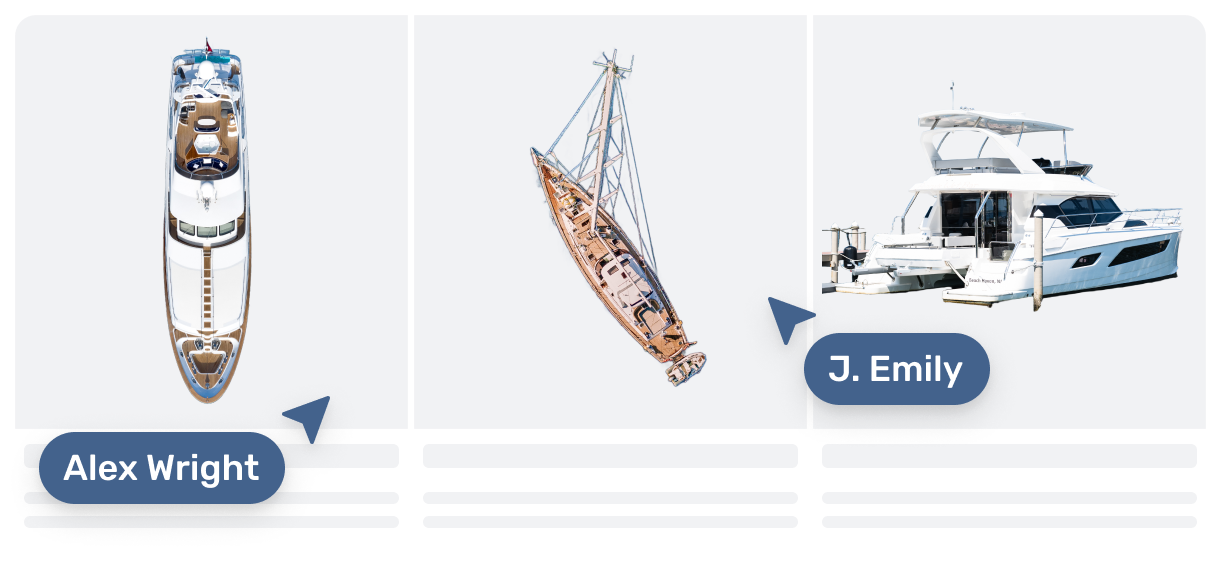 Split screen showing different yacht proposals with names Alex Wright and Emily