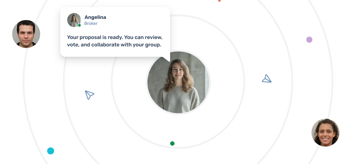 Interface showing a real-time broker-client hub with chat and document sharing features