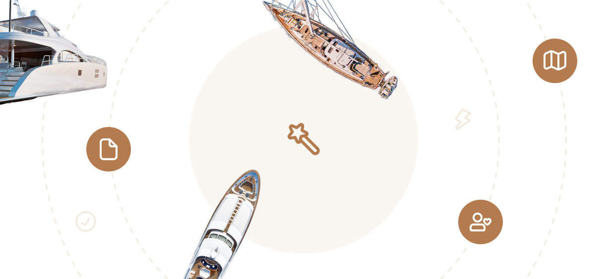 Diagram illustrating dynamic marketing collateral generation with yacht images and icons