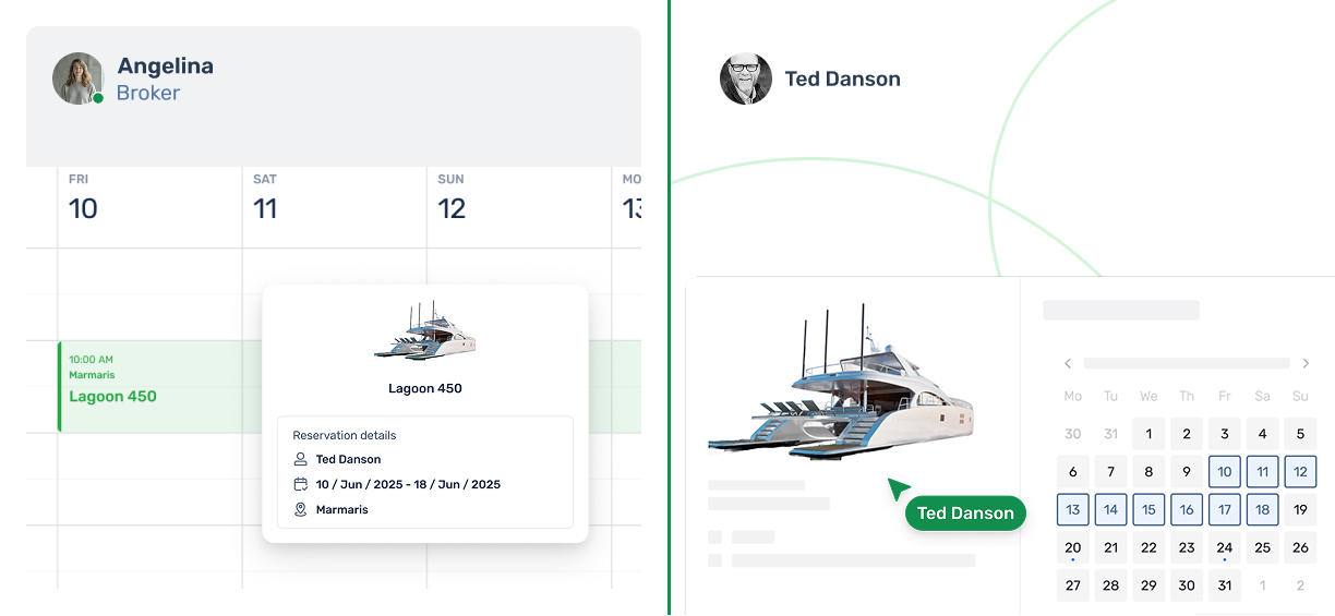 Interface showing client booking details and a calendar for YCS Retain
